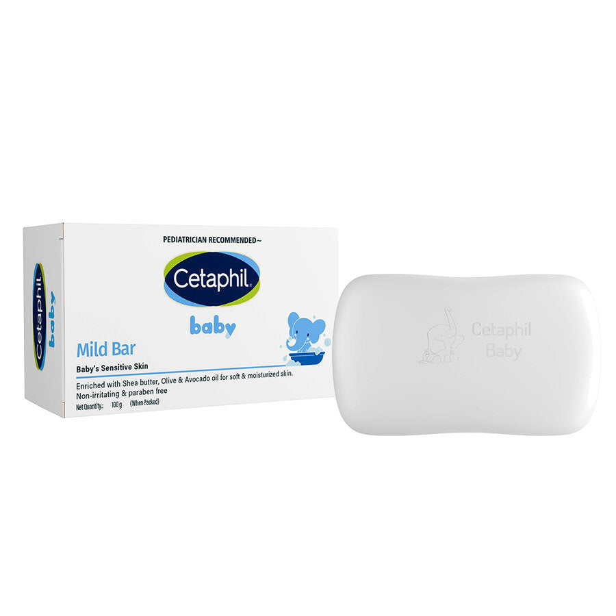 Cetaphil baby mild bar and packaging on a white background/ Cetaphil Baby Mild Bar 100g go littles product main image 5