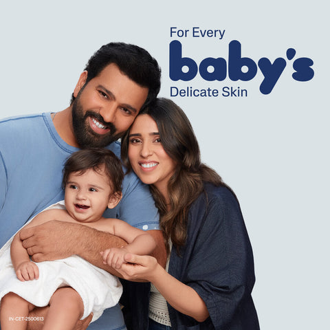 Family with a baby on a light blue background with text 'For Every Baby's Delicate Skin'. Cetaphil Baby Mild Bar 400gm - 100gm x 4 Pack go littles product image 4