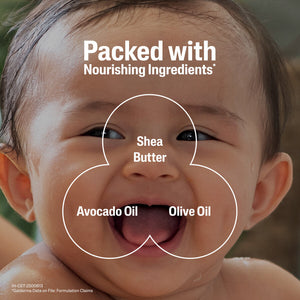Baby with text overlay about nourishing ingredients and product name. Cetaphil Baby Mild Bar 400gm - 100gm x 4 Pack go littles product image 5