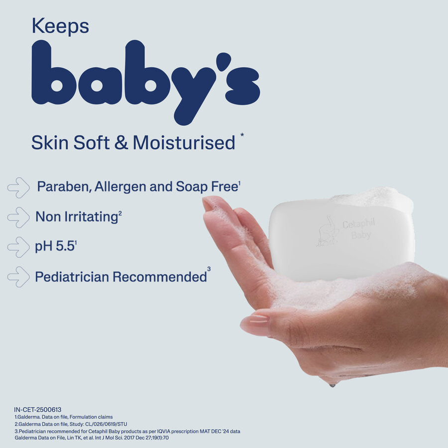 Hand holding a bar of soap with product benefits listed on a light blue background. Cetaphil Baby Mild Bar 400gm - 100gm x 4 Pack go littles product image 6