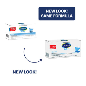 Cetaphil baby product packaging with 'New Look! Same Formula' text on a white background Cetaphil Baby Mild Bar 400gm - 100gm x 4 Pack go littles product image 7