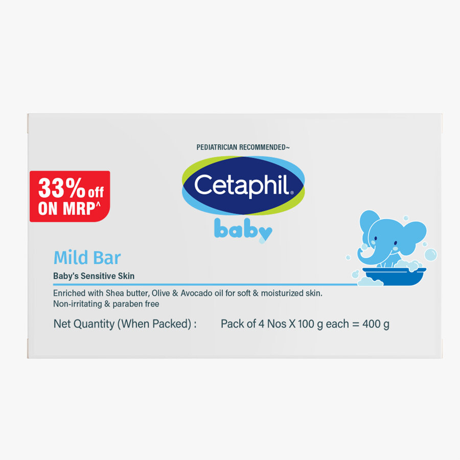 Cetaphil baby mild bar packaging with promotional offer on a white background. Cetaphil Baby Mild Bar 400gm - 100gm x 4 Pack go littles product main image