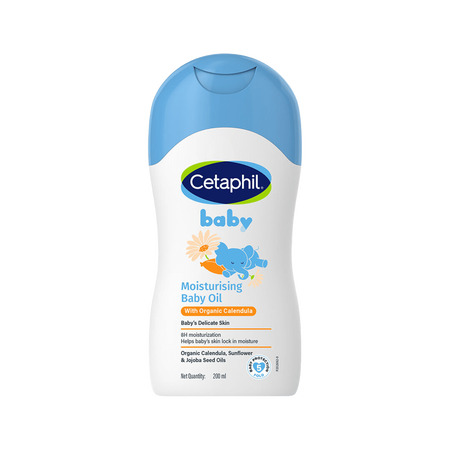 Cetaphil baby moisturizing baby oil bottle on a white background. Cetaphil Baby Moisturising Oil 200ml go littles product main image