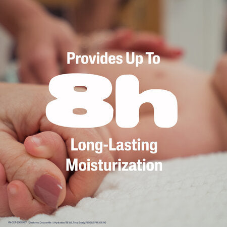 Close-up of hands with text about long-lasting moisturization. Cetaphil Baby Moisturising Oil 200ml go littles product main image 6