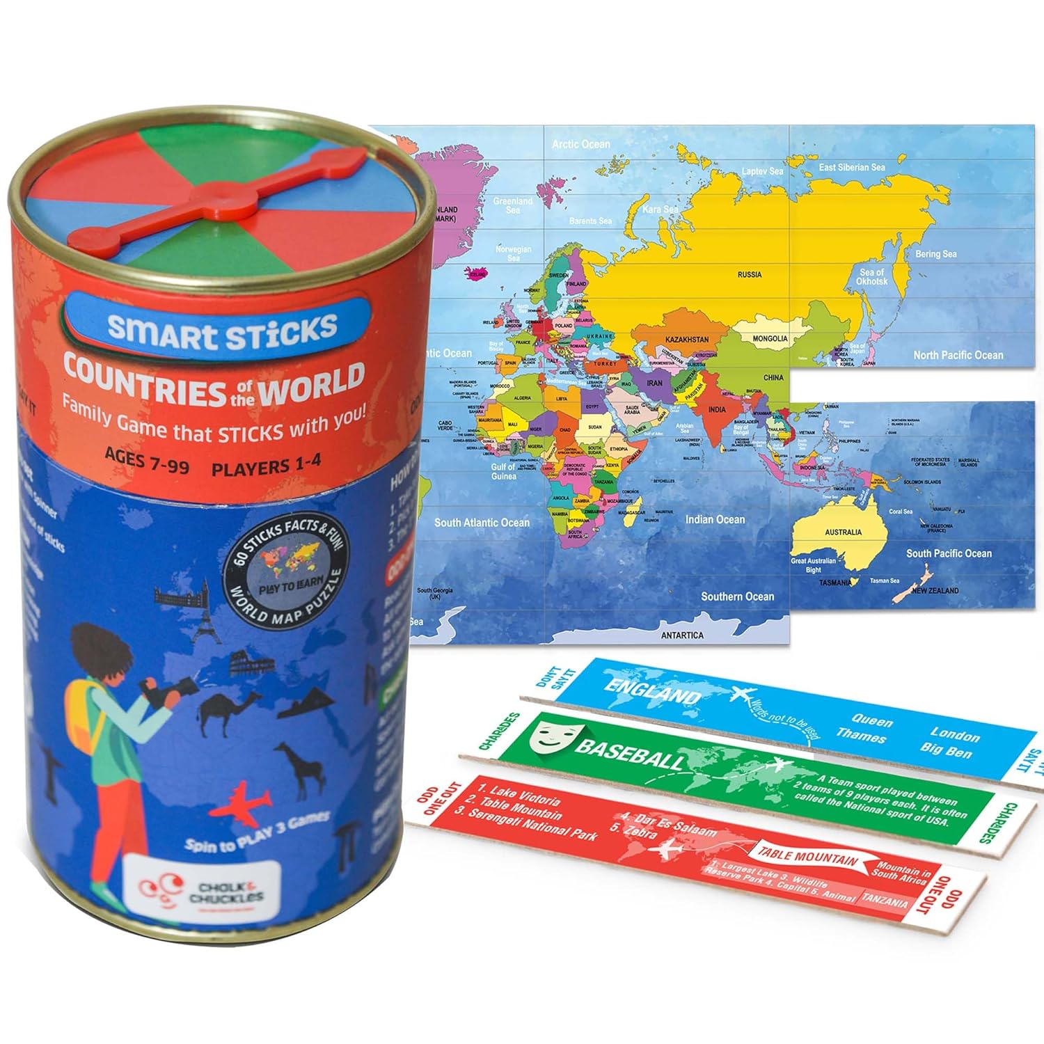 Smart Sticks Countries of the World game set with map and sticks on a white background