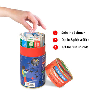 Hand interacting with a cylindrical product containing colorful sticks, with text instructions on a white background.
