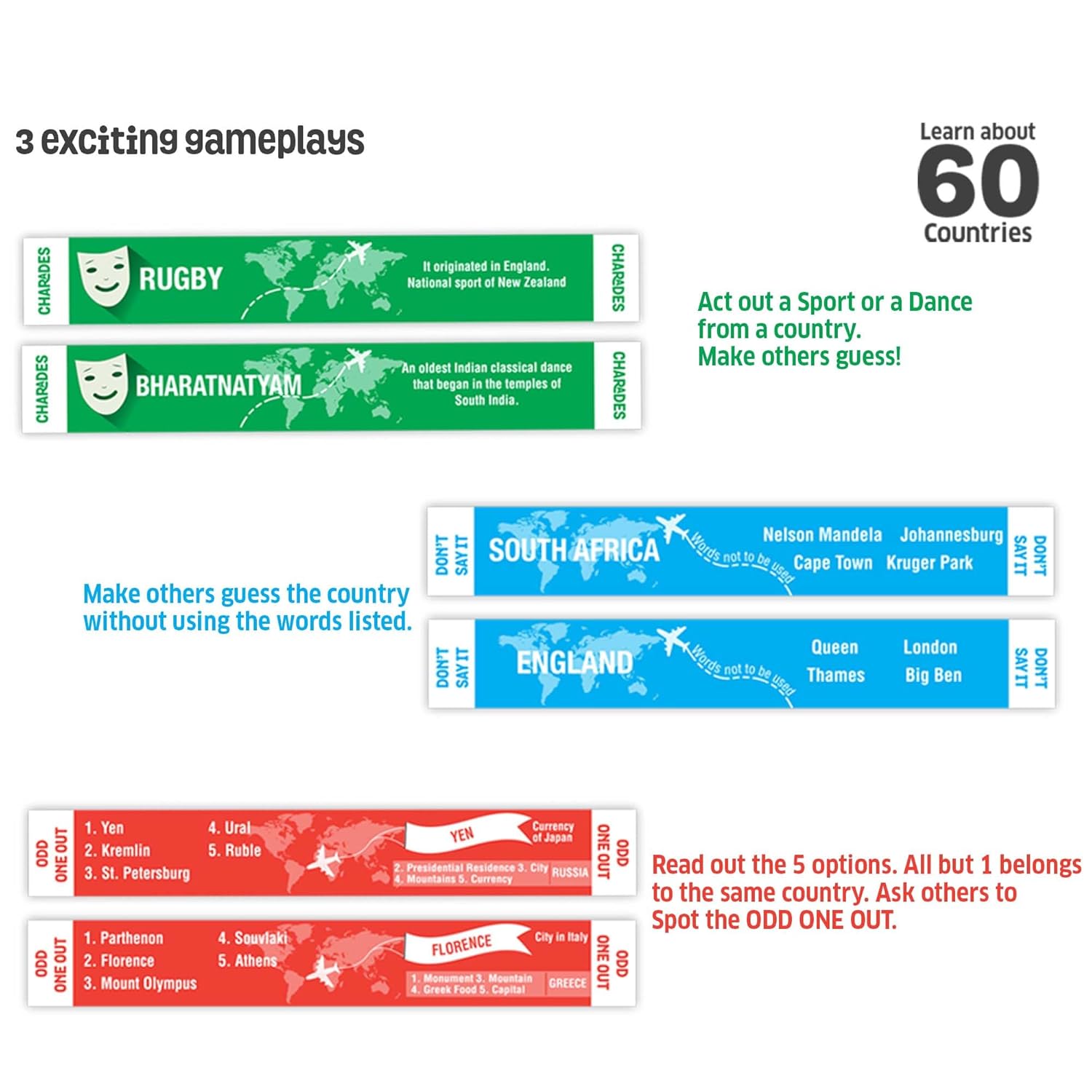 Educational game cards with country-related activities on a white background