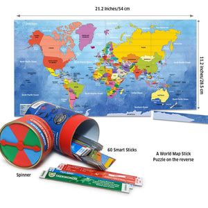 World map stick puzzle with spinner, smart sticks, and a world map on the reverse side.