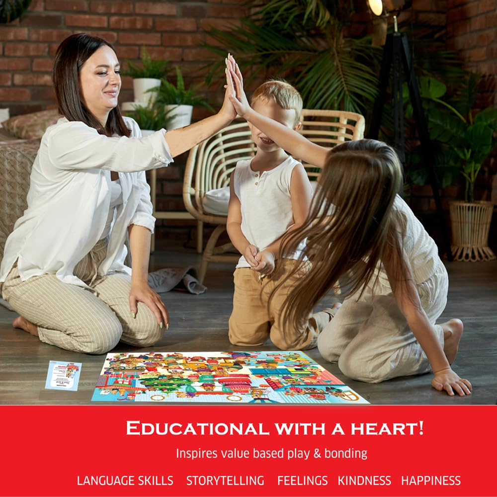 Woman and two children playing with a puzzle