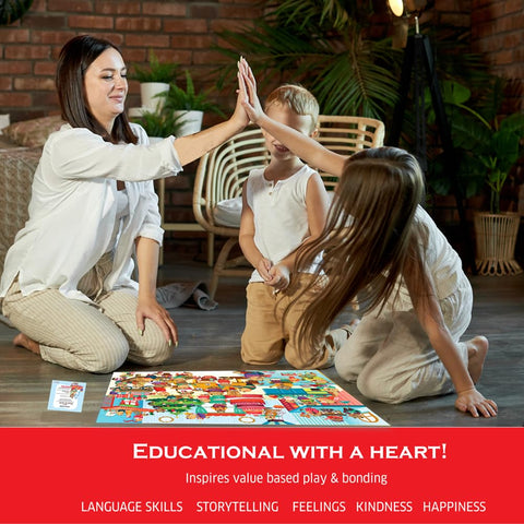 Woman and two children playing with a puzzle