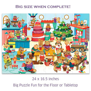 Colorful puzzle with cartoon animals in festive scene, including a Christmas tree and cake.