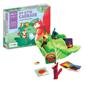 Children's game 'My Little Cabbage' with colorful packaging and game pieces on a white background
