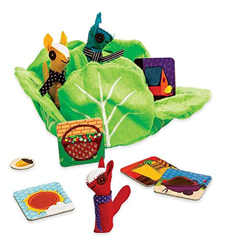 Colorful children's book with plush characters and cards on a white background
