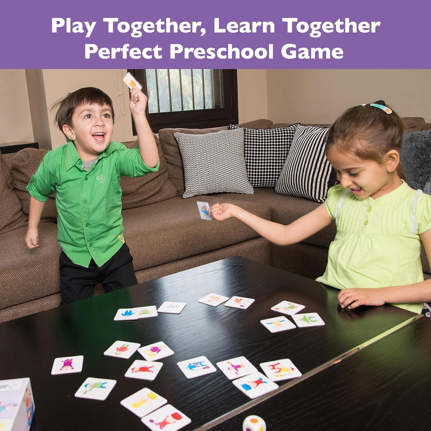 Two children playing a card game together with text 'Play Together, Learn Together Perfect Preschool Game' at the top.