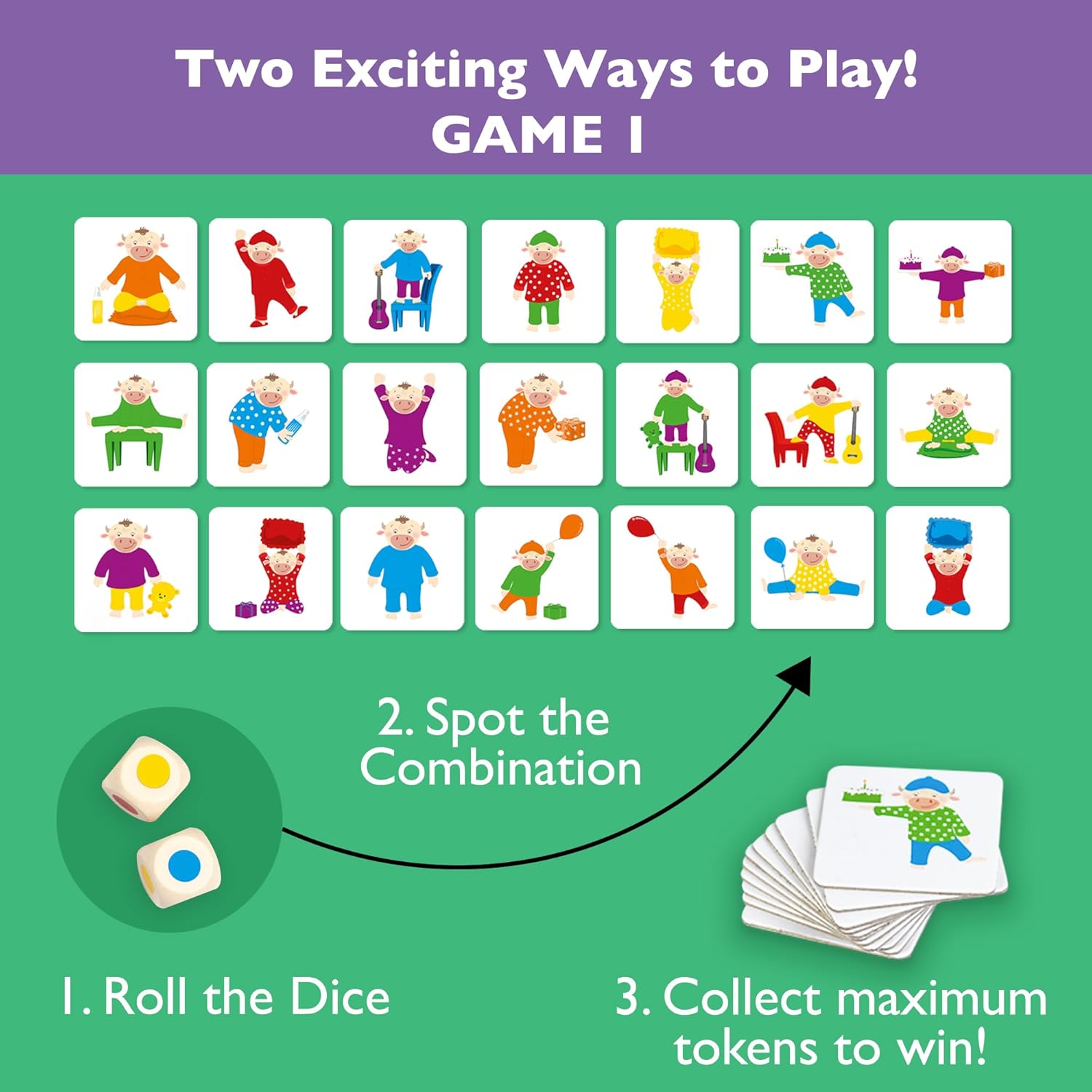 Game board with colorful characters and dice, featuring text on two exciting ways to play.