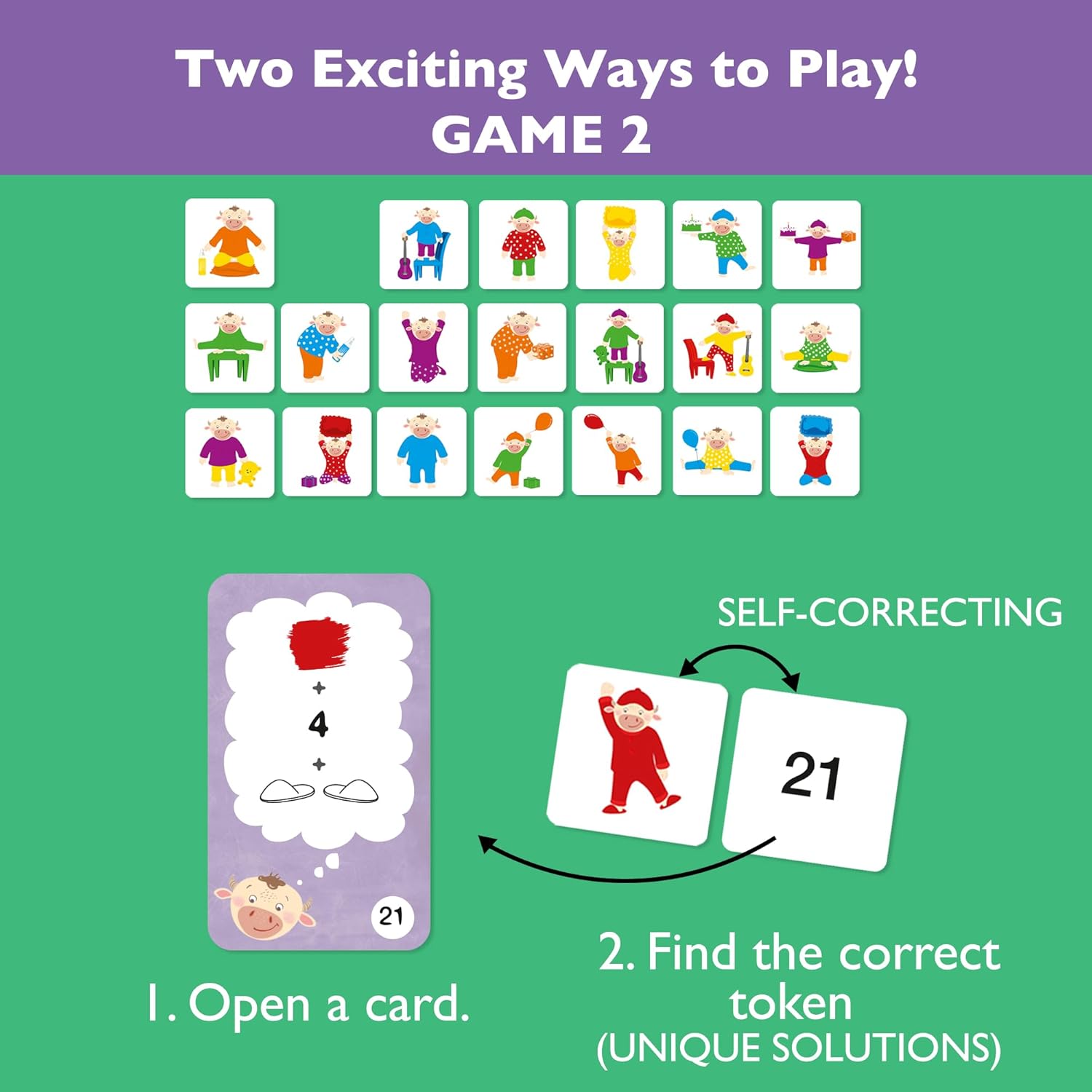 Game board with cards and instructions for playing, featuring a self-correcting mechanism.