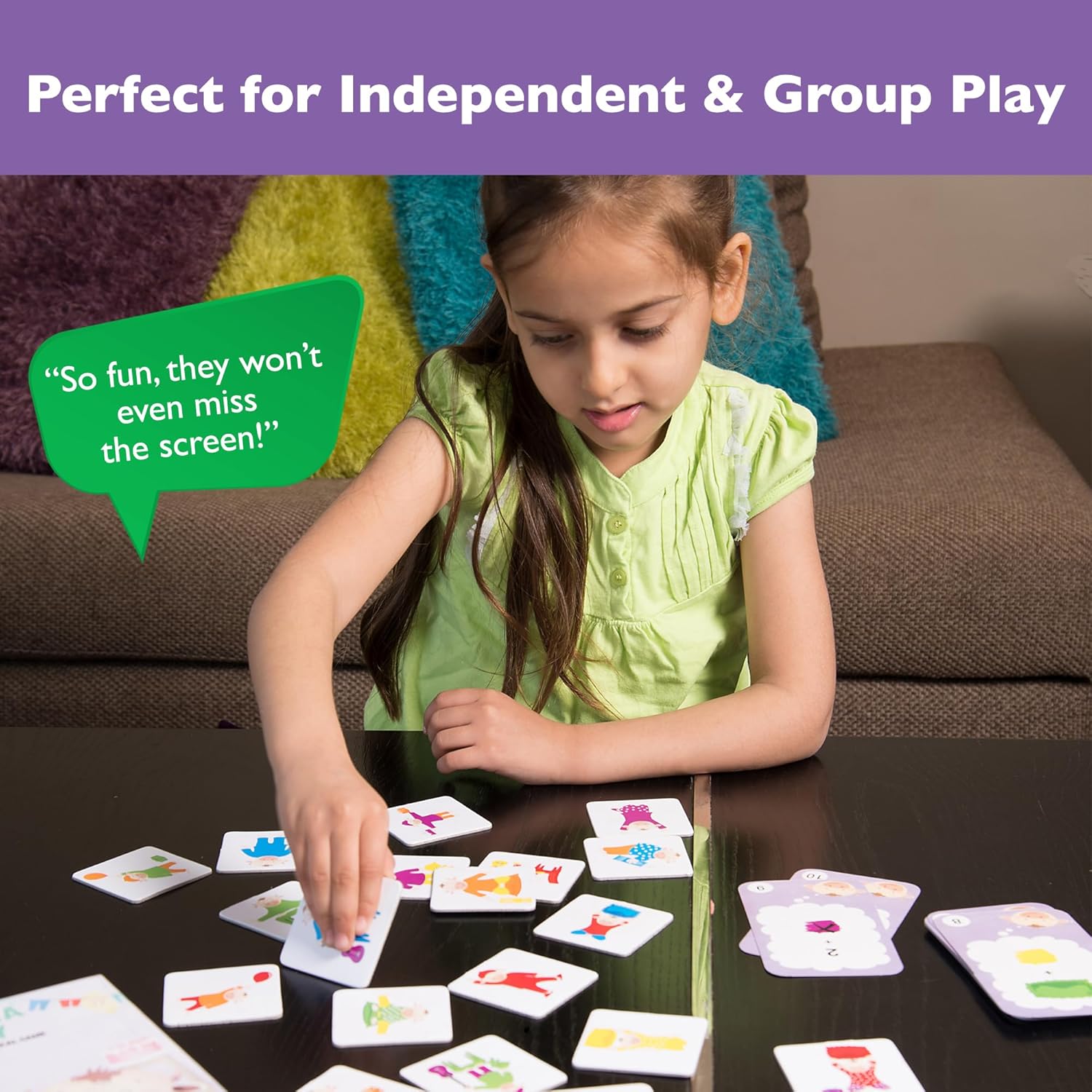 Young girl playing with cards on a table, with text indicating suitability for independent and group play.