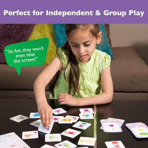 Young girl playing with cards on a table, with text indicating suitability for independent and group play.