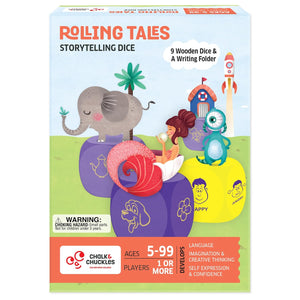 Box of Rolling Tales Storytelling Dice with colorful illustration and text.