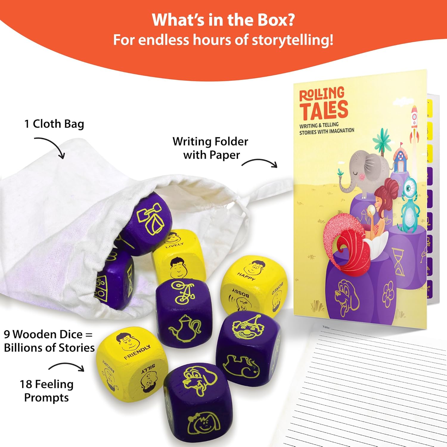 Rolling Tales dice set with writing folder and cloth bag on a white background
