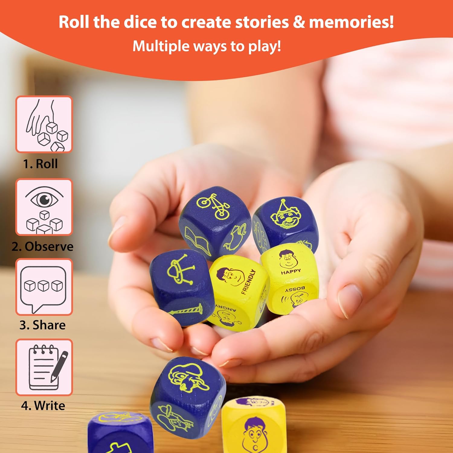 Hands holding colorful dice with icons and text about creating stories and memories.