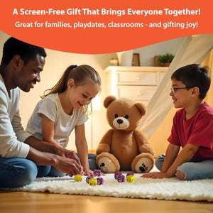 Family playing with a teddy bear and toys on the floor, with text promoting a screen-free gift.