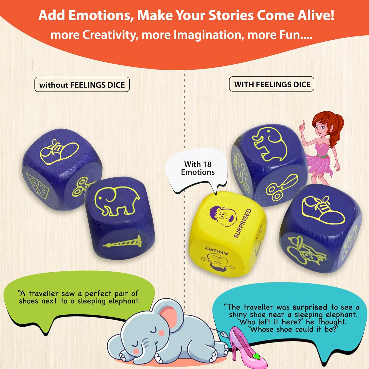 Dice set with feelings dice for storytelling, showing text and illustrations of a traveller and an elephant.