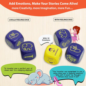 Dice set with feelings dice for storytelling, showing text and illustrations of a traveller and an elephant.