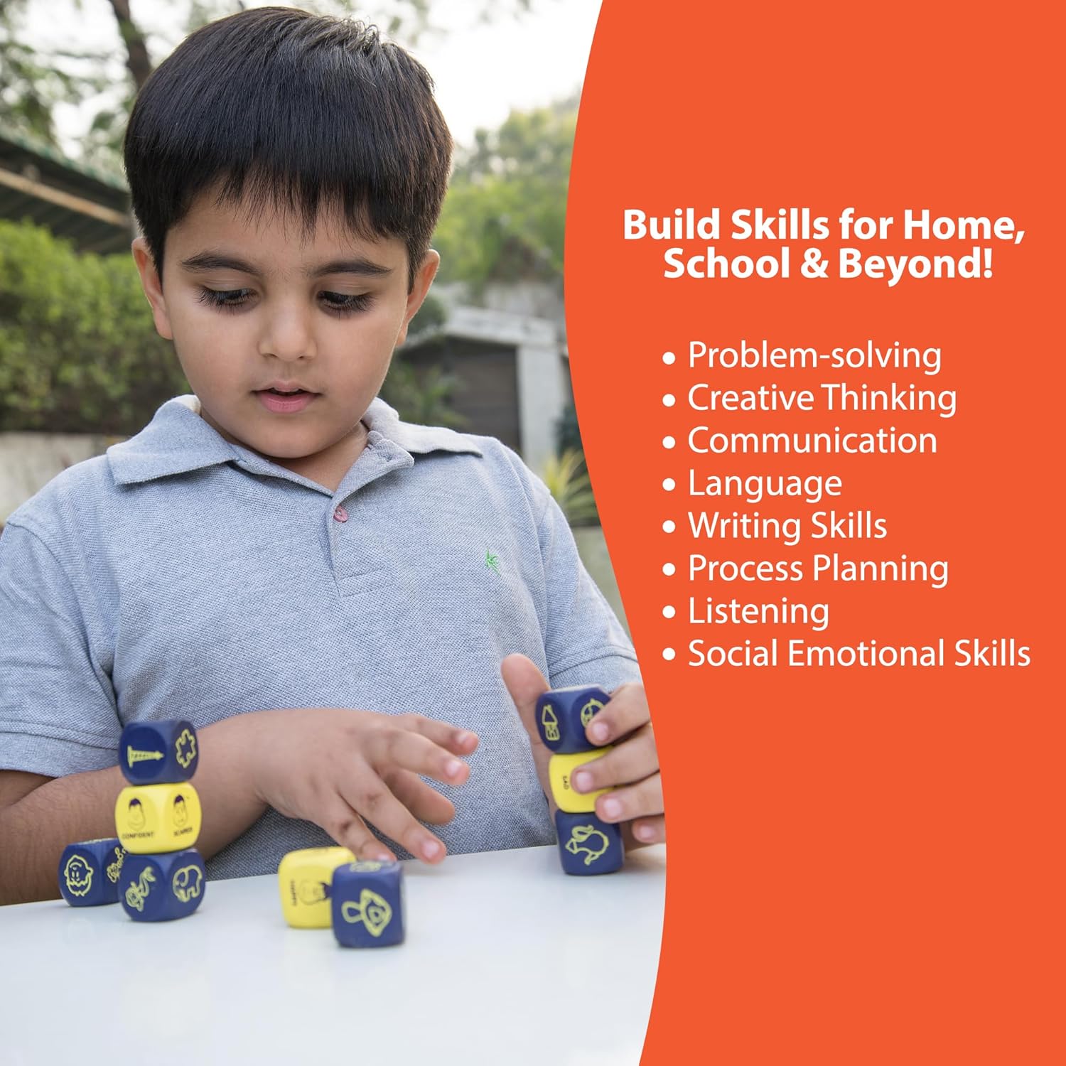 Child playing with dice, educational text on skills development.