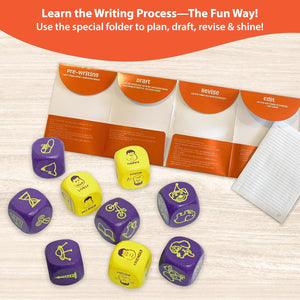Writing process dice set with folders and paper on a light background