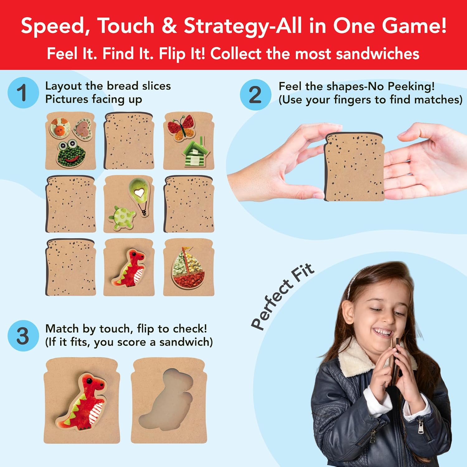 Game instructions for a sandwich-themed matching game with a child playing.