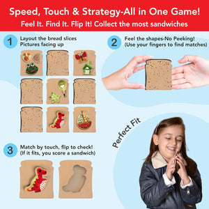 Game instructions for a sandwich-themed matching game with a child playing.
