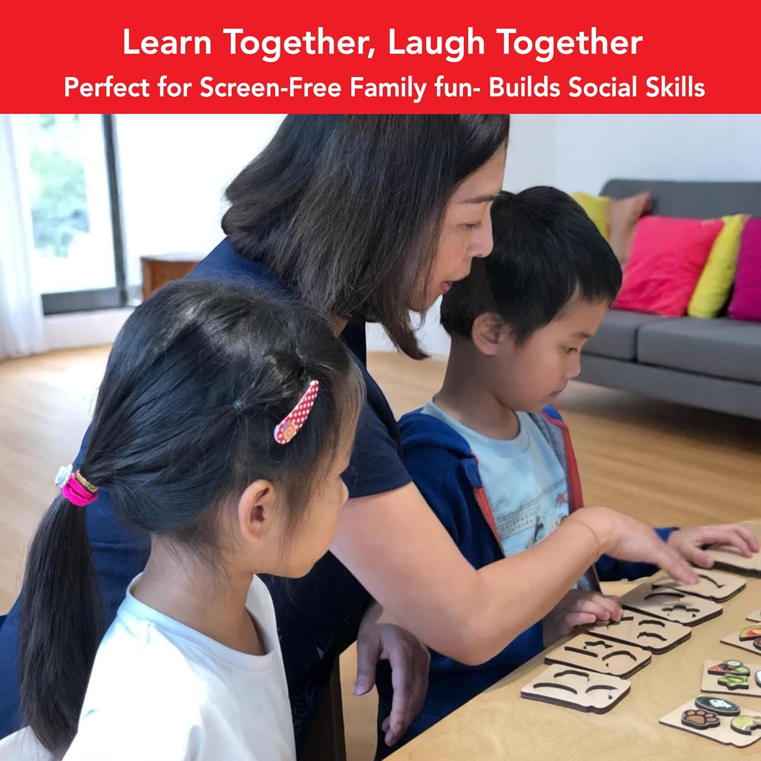 Woman and two children playing with a puzzle in a living room, with text about screen-free family fun and social skills building.