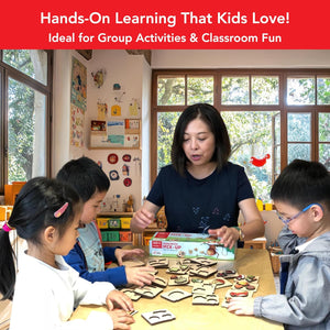 Teacher and students engaged in a hands-on learning activity with educational materials in a classroom setting.