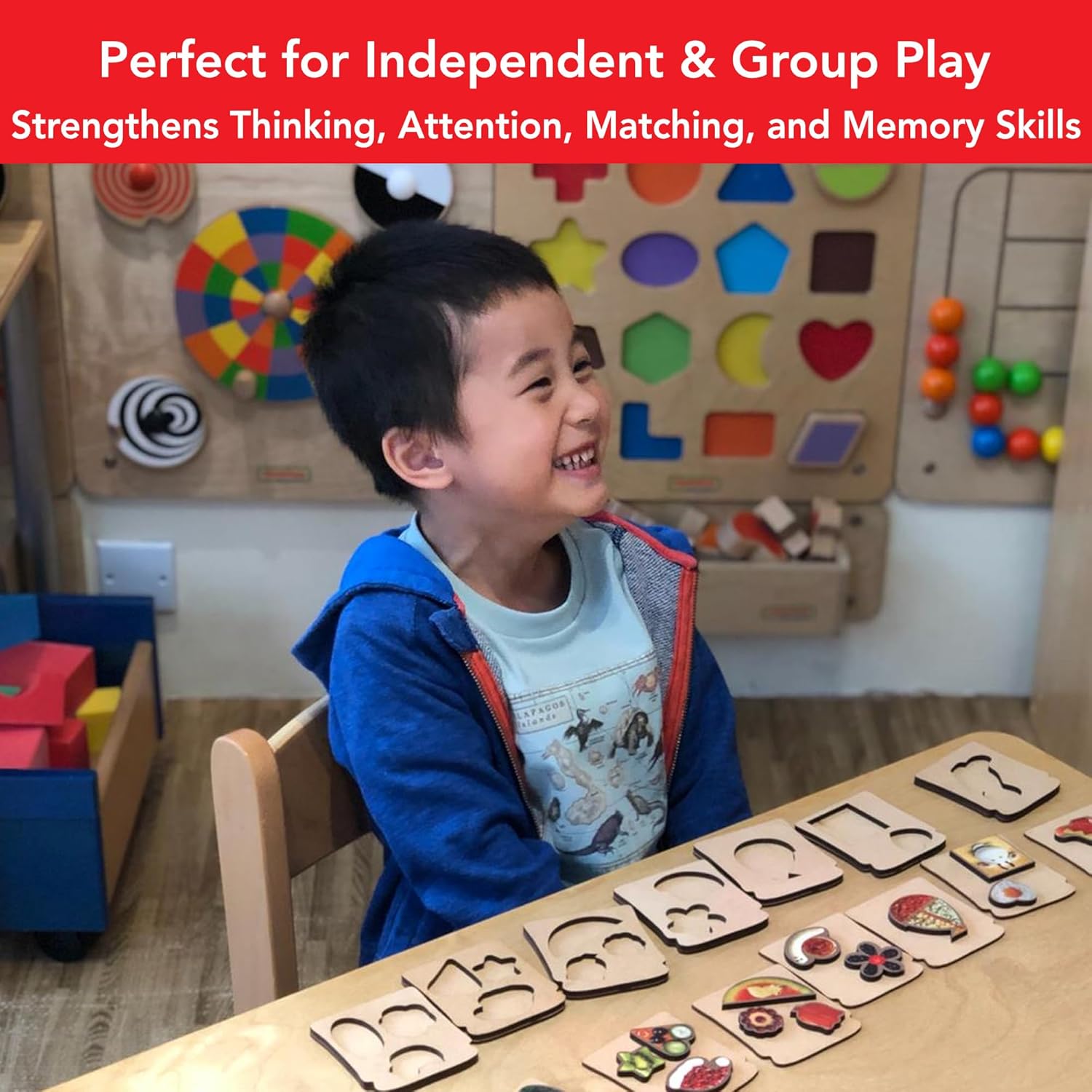 Child playing with educational toys in a classroom setting