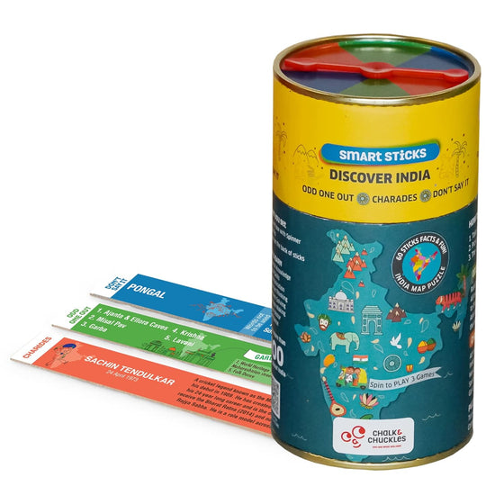 Colorful cylindrical container with educational content on a white background. Chalk and Chuckles Smart Sticks Discover India product image 