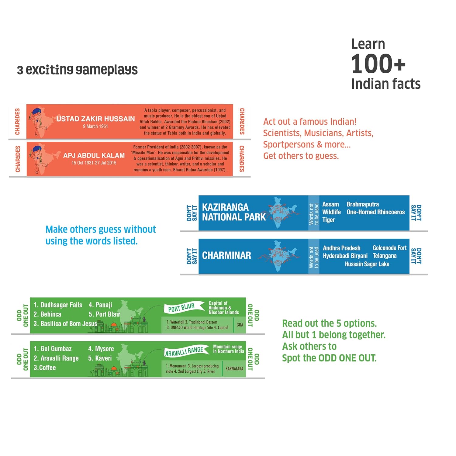 Educational game cards with Indian facts and activities on a white background. Chalk and Chuckles Smart Sticks Discover India product image 