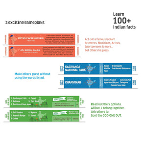 Educational game cards with Indian facts and activities on a white background. Chalk and Chuckles Smart Sticks Discover India product image 