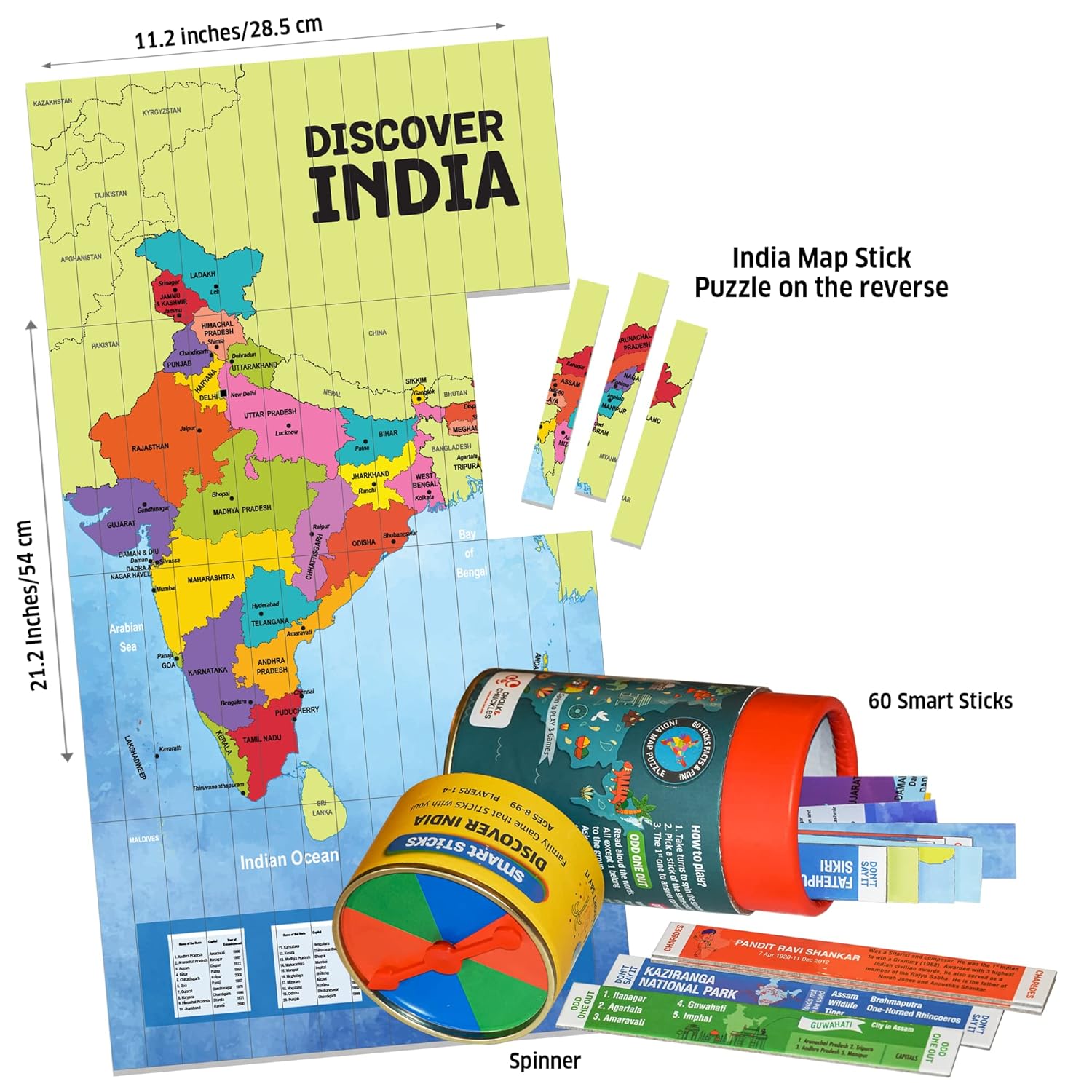 Educational product set with a map of India, sticks, and a spinner on a white background.
