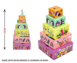 Stack of colorful children's toy boxes with animal illustrations, height indicated as 12.76 inches.