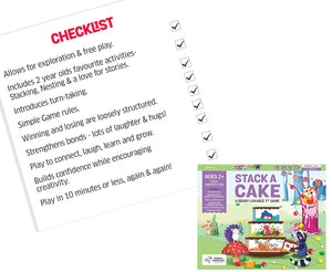 Checklist for a children's game with a 'Stack a Cake' game box on a white background