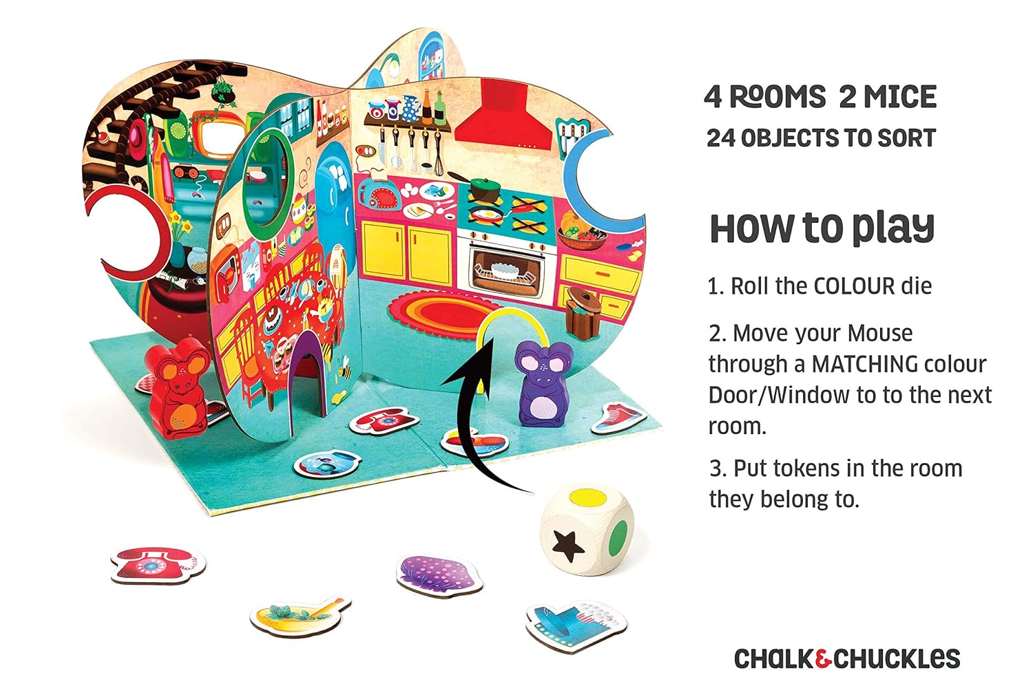 Children's educational game with colorful mouse and rooms, Chalk & Chuckles brand visible.