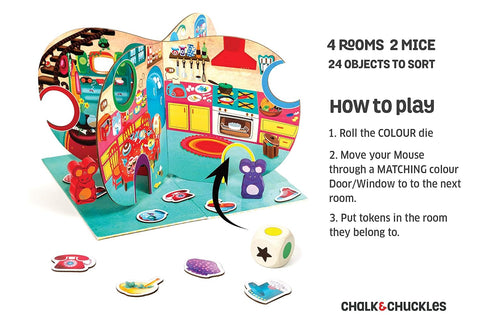 Children's educational game with colorful mouse and rooms, Chalk & Chuckles brand visible.