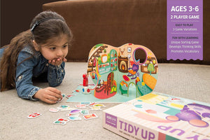 Child playing with a colorful board game on a couch