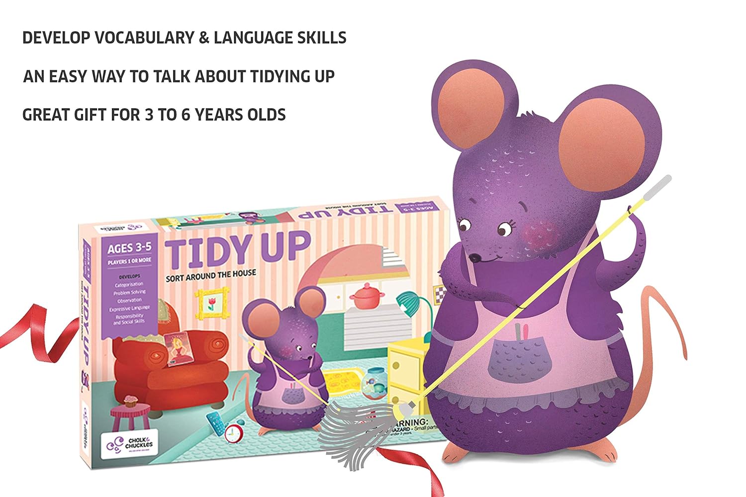 Toy mouse with a broom and 'Tidy Up' game box on a white background