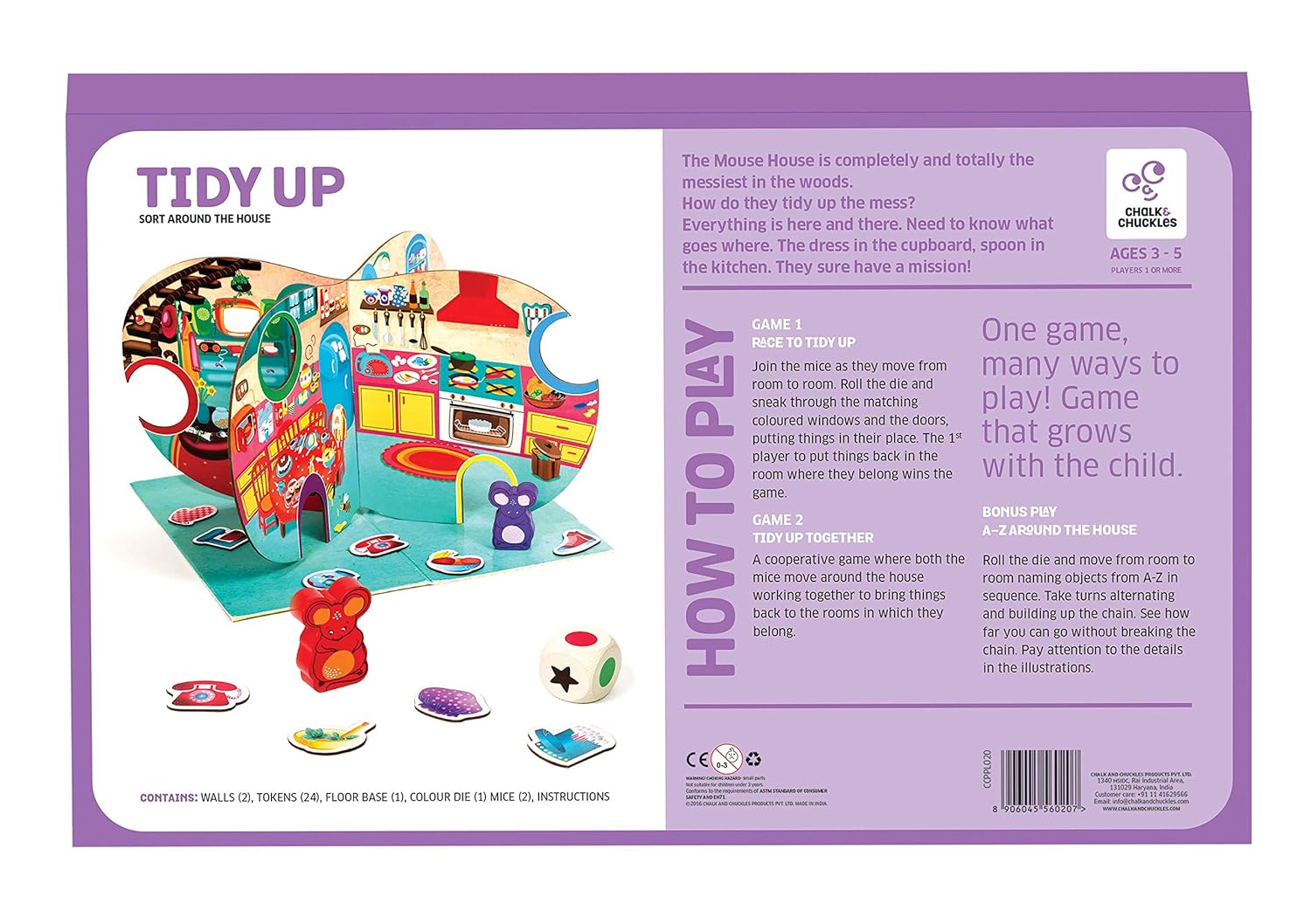 Board game packaging for 'Tidy Up' with colorful illustrations and text on a purple background