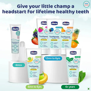 Chicco toothpaste products for different age groups on a light blue background. Chicco Bubble Gum Toothpaste 12M to 6Y 50g go littles product image 10