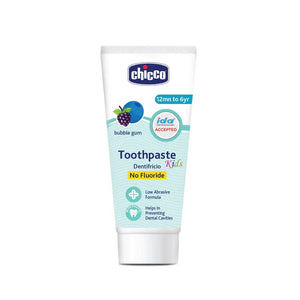 Chicco kids' toothpaste tube on a white background.  Chicco Bubble Gum Toothpaste 12M to 6Y 50g go littles product image 2