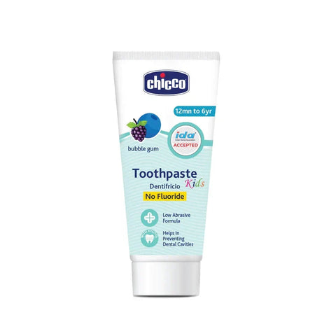 Chicco kids' toothpaste tube on a white background.  Chicco Bubble Gum Toothpaste 12M to 6Y 50g go littles product image 2