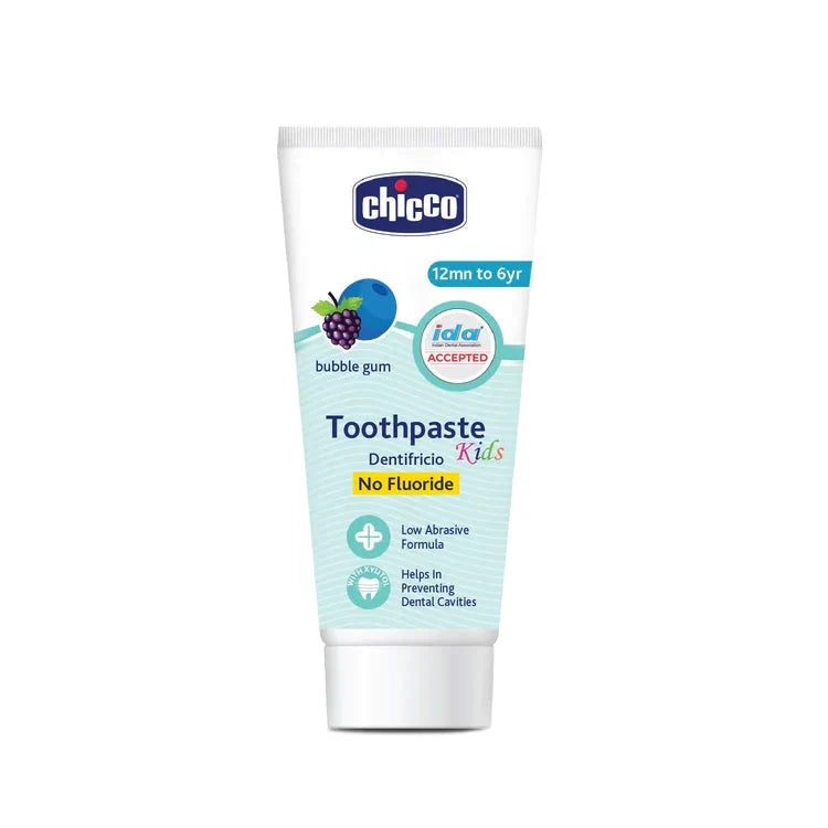 Chicco kids' toothpaste tube on a white background.  Chicco Bubble Gum Toothpaste 12M to 6Y 50g go littles product image 2